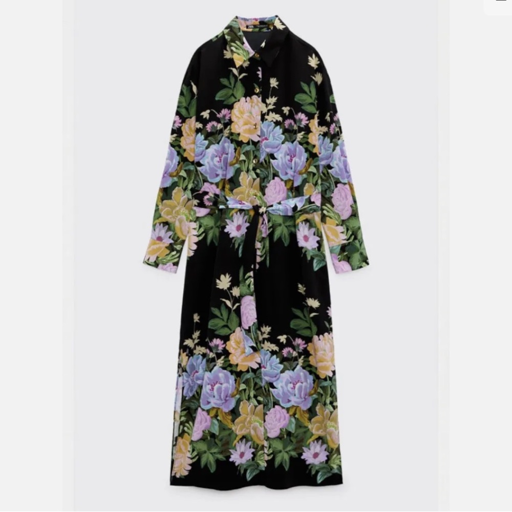 Zara Black Midi Dress with Lavender & Yellow Floral Print